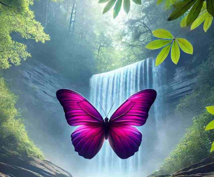 A close-up of a scarlet purple butterfly with vibrant wings, fluttering near a waterfall, surrounded by greenery and flowing water.