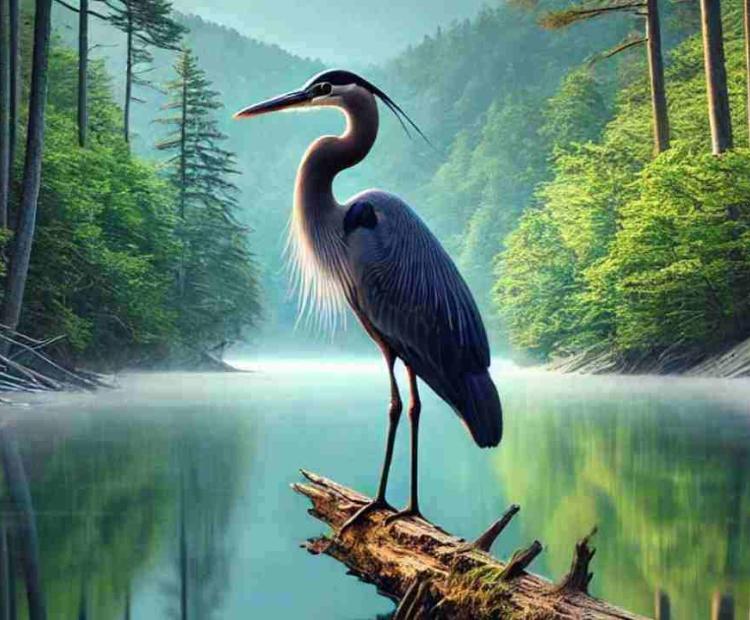 A large stork perched on a tree branch, looking out over a peaceful lake as the sun sets.